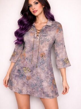 Wonderland By Orange Women’s Large Floral Lace-Up Long Tunic 3/4 Roll-Tab Sleeve